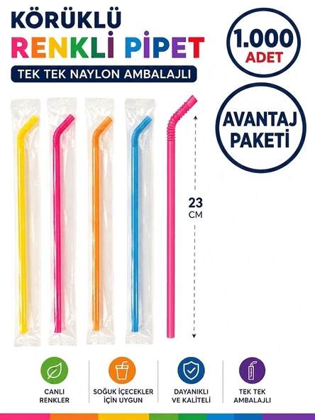 1.000 Adet AVANTAJ PAKETİ Tek Tek Ambalajlı Körüklü Karışık Renkli Plastik Pipet ürün görseli 1