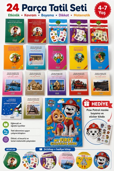 Tatil Seti 24'lü Etkinlik Kavram Boyama Dikkat Matematik 4-7 Yaş Paw Patrol Hediyeli ürün görseli 1