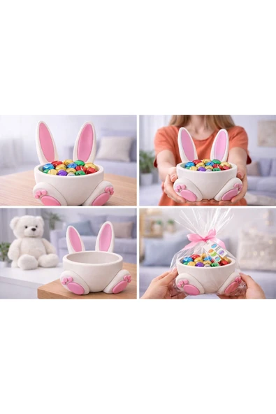 Tavşan Kulaklı Dekoratif Şekerlik – Pembe Beyaz Bunny Tasarım Çikolata Kasesi – Masaüstü Dekoratif ürün görseli 1