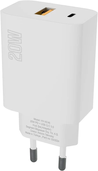 HYTECH 20W PD+ 18W QC 3.0 USB ve TYP-C Girişli Hızlı Şarj Cihazı ürün görseli 1