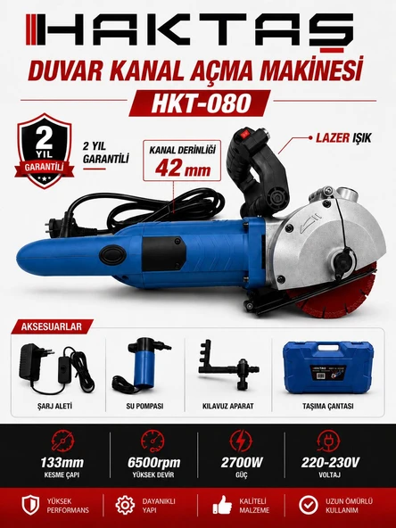 Duvar Kanal Açma Makinesi 2700W  42 mm Kanal Derinliği, 133 mm Disk Çapı, Lazer Işıklı Profesyonel Kanal Açma Makinesi ürün görseli 1