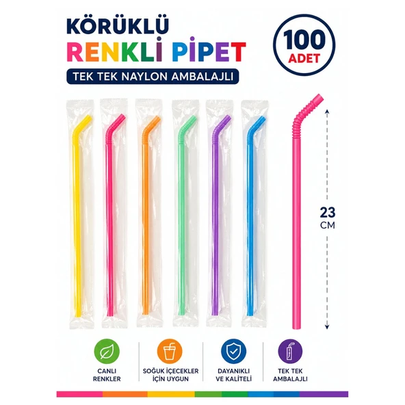 100 Adet Tek Tek Ambalajlı Frozen Körüklü Karma Renkli Plastik Pipet ürün görseli 1