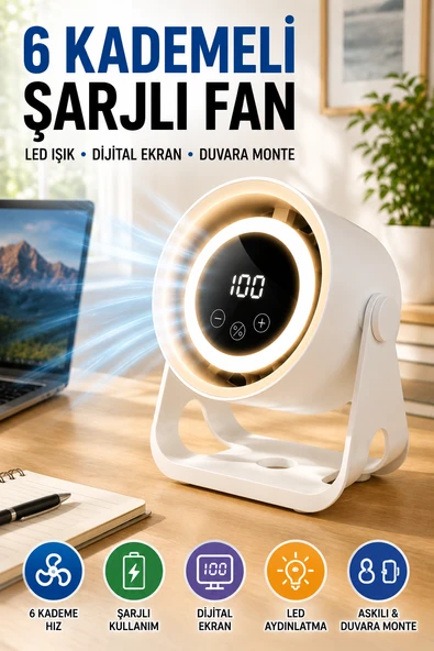 6 Kademeli Şarjlı Masaüstü Fan Dijital Ekranlı LED Işıklı Duvara Monte Askılı Mini Fan K6 Model ürün görseli 1
