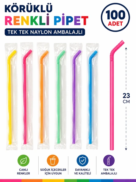 100 Adet Tek Tek Ambalajlı Frozen Körüklü Karma Renkli Plastik Pipet ürün görseli 1
