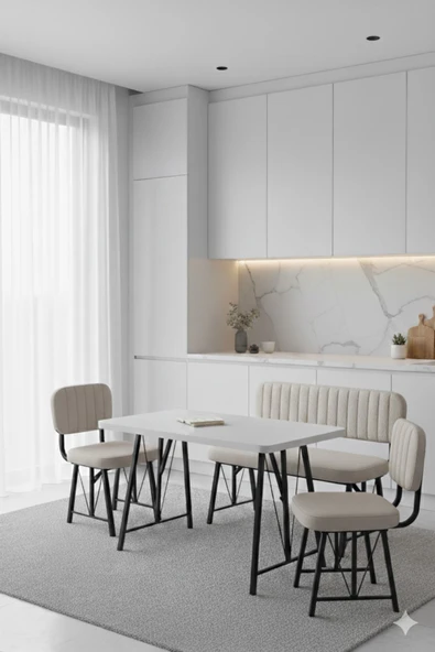 Elfin 70x110 Beyaz Sabit, 2 Sandalye 1 Bench, Masa Sandalye Takımı, Mutfak Masası Takımı - Krem ürün görseli 1