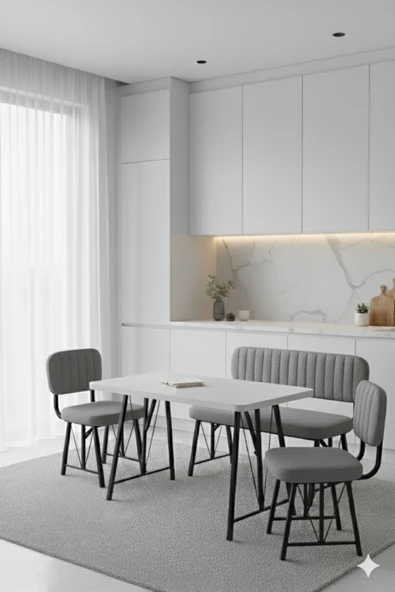 Elfin 70x110 Beyaz Sabit, 2 Sandalye 1 Bench, Masa Sandalye Takımı, Mutfak Masası Takımı - Gri ürün görseli 1