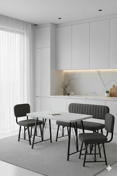 Elfin 70x110 Beyaz Sabit, 2 Sandalye 1 Bench, Masa Sandalye Takımı, Mutfak Masası Takımı - Antrasit ürün görseli 1