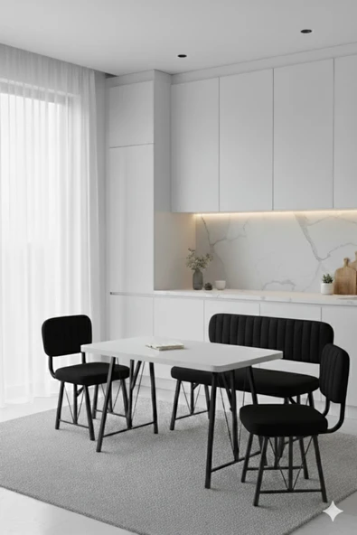 Elfin 70x110 Beyaz Sabit, 2 Sandalye 1 Bench, Masa Sandalye Takımı, Mutfak Masası Takımı - Siyah ürün görseli 1