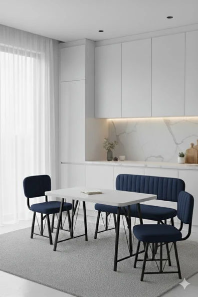 Elfin 70x110 Beyaz Sabit, 2 Sandalye 1 Bench, Masa Sandalye Takımı, Mutfak Masası Takımı - Lacivert ürün görseli 1