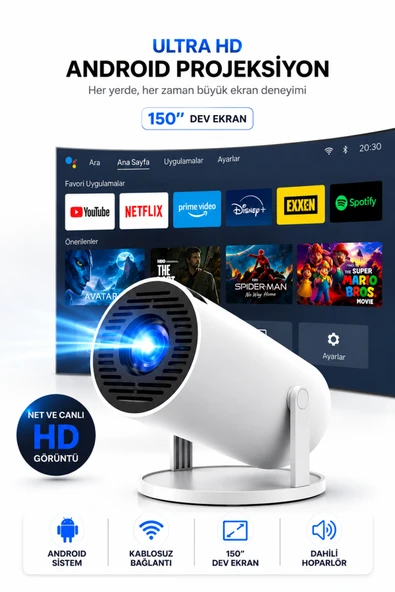 Hy300 Pro Taşınabilir Android Sinema Projeksiyon Wifi Destekli En Güncel Sürüm Akıllı Projektör Beyaz Ultra HD ürün görseli 1