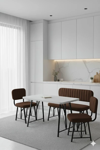 Elfin 70x110 Beyaz Sabit, 2 Sandalye 1 Bench, Masa Sandalye Takımı, Mutfak Masası Takımı - Kahverengi ürün görseli 1