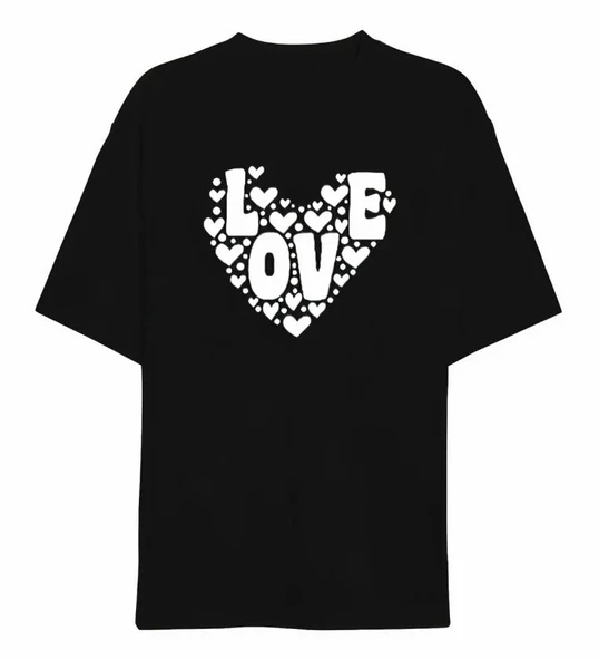 14 Şubat Sevgililer Günü Love Kalp Baskılı Oversize Bisiklet Yaka T-shirt - Siyah ürün görseli 1