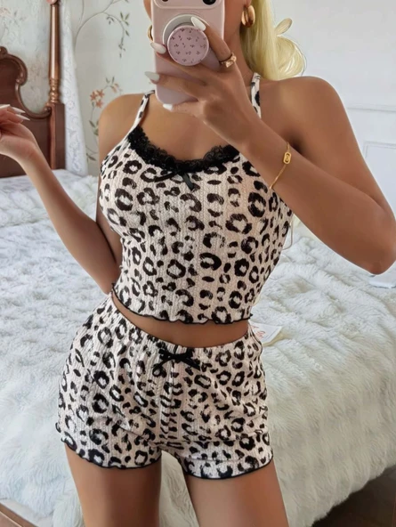 Kadın Leopar Detaylı  Şortlu Pijama Takım 5187 ürün görseli 1