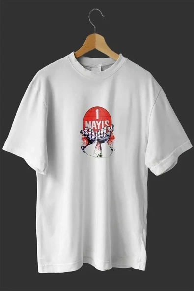 1 Mayıs Emek Ve Dayanışma Günü Baskılı Oversize Bisiklet Yaka T-shirt - Beyaz ürün görseli 1