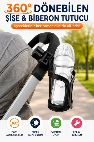 360° Dönebilen Bebek Arabası Bisiklet Uyumlu Şişe Biberon Suluk Tutucu Evrensel Klipsli Aparat ürün görseli 1