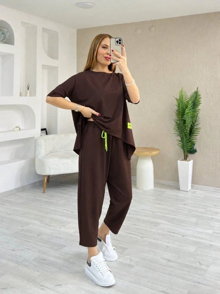 Kadın Kısa Kollu Bisiklet Yaka Viskon Iki Iplik Bluz Ve Pantolon Ikili Takım ürün görseli 1