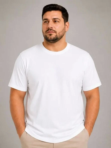 Erkek Battal Big Size Basic Tişört Bisiklet Yaka Rahat Kalıp T-Shirt - Beyaz ürün görseli 1