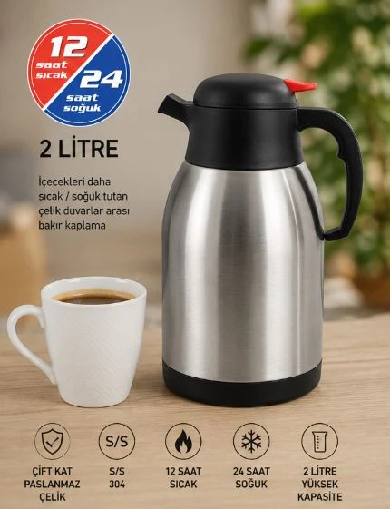 2 Litre Çift Kat Çelik Çay Termosu Özel Bakır iç Kaplama Paslanmaz Çelik Termos 12/24 Saat Sıcak Soğuk ürün görseli 1