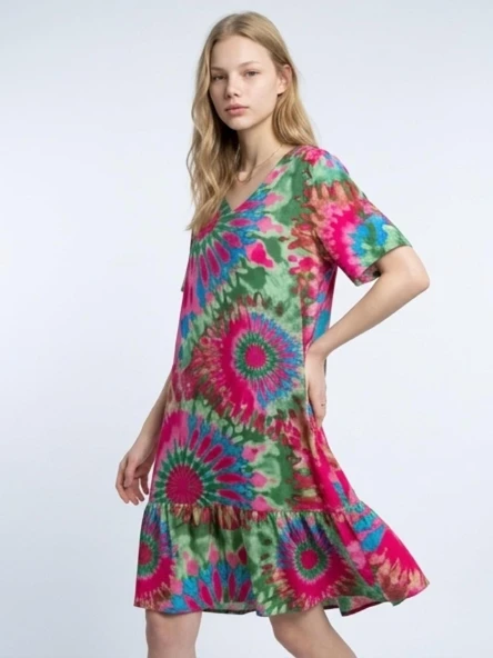 Viskon Elbise Batik Desen Yeşil - Resim 3