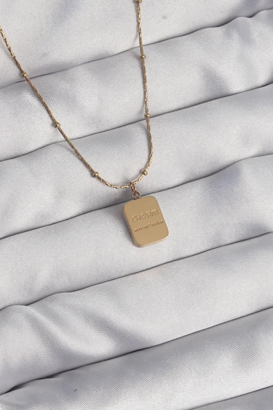 316L Çelik Gold Renk Kare Charm Model Kolye ürün görseli 1