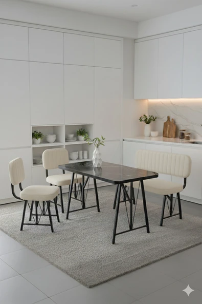 Elfin 70x110 Siyah Sabit, 2 Sandalye 1 Bench, Masa Sandalye Takımı, Mutfak Masası Takımı - Krem ürün görseli 1