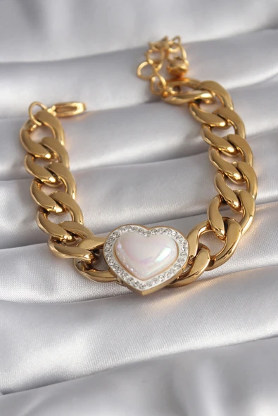 316L Çelik Gold Renk Pembe 3D Kalp Model Zirkon Taşlı Kadın Bileklik ürün görseli 1