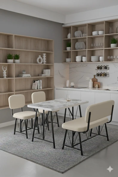 Elfin 70x110 Efes Sabit, 2 Sandalye 1 Bench, Masa Sandalye Takımı, Mutfak Masası Takımı - Krem ürün görseli 1