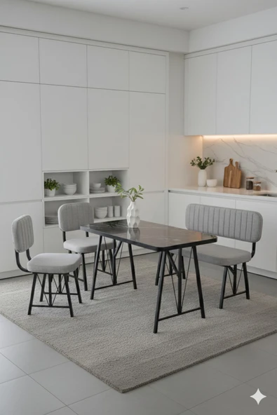 Elfin 70x110 Siyah Sabit, 2 Sandalye 1 Bench, Masa Sandalye Takımı, Mutfak Masası Takımı - Gri ürün görseli 1