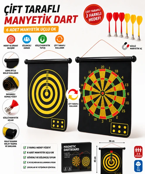 Manyetik Dart Oyun Seti Büyük Boy 45x38 cm 6 Ok Ev Ofis Eğlence Oyunu ürün görseli 1