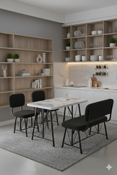 Elfin 70x110 Efes Sabit, 2 Sandalye 1 Bench, Masa Sandalye Takımı, Mutfak Masası Takımı - Siyah ürün görseli 1