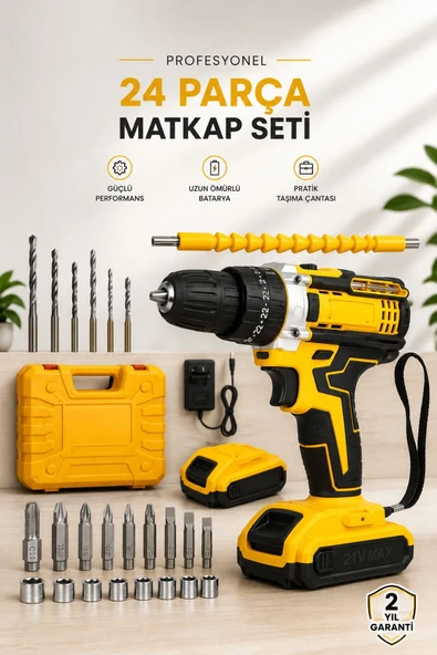 24 Parça Çift Bataryalı Şarjlı Matkap Seti 24W Motor ve Otomatik Mil Kilitli Tasarım ürün görseli 1