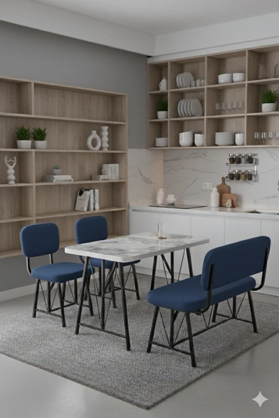 Elfin 70x110 Efes Sabit, 2 Sandalye 1 Bench, Masa Sandalye Takımı, Mutfak Masası Takımı - Lacivert ürün görseli 1