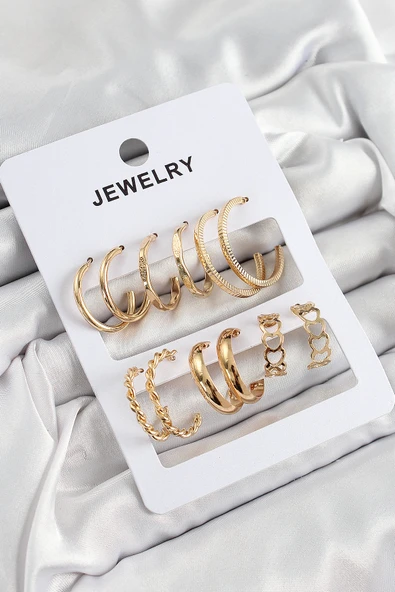 Pirinç Karışık Halka Model Gold Renk 6 Çift Kadın Küpe Set ürün görseli 1
