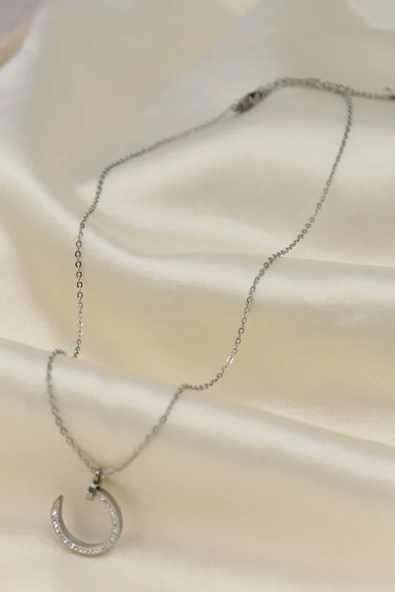 Çelik Silver Renk Zirkon Taşlı Çivi Model Kadın Kolye - Resim 2