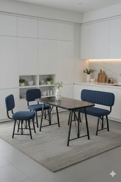 Elfin 70x110 Siyah Sabit, 2 Sandalye 1 Bench, Masa Sandalye Takımı, Mutfak Masası Takımı - Lacivert ürün görseli 1