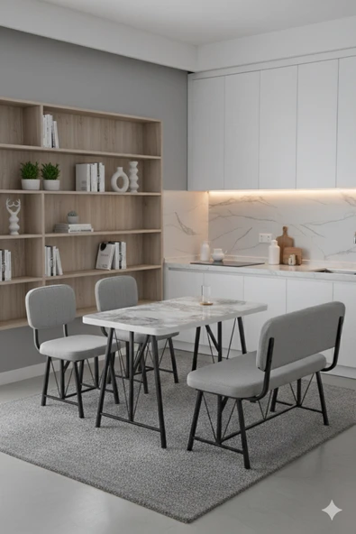 Elfin 70x110 Efes Sabit, 2 Sandalye 1 Bench, Masa Sandalye Takımı, Mutfak Masası Takımı - Gri ürün görseli 1