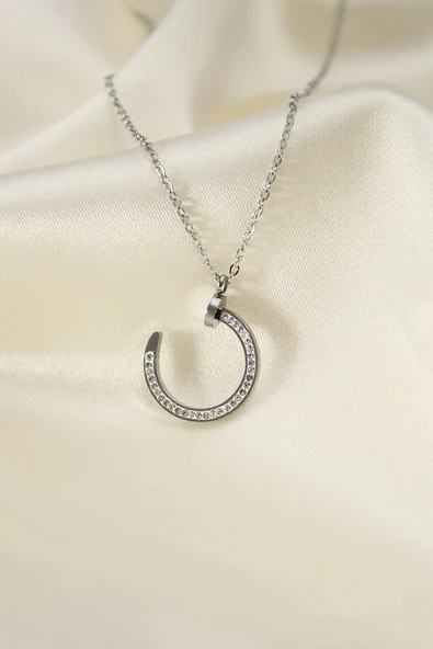 Çelik Silver Renk Zirkon Taşlı Çivi Model Kadın Kolye ürün görseli 1