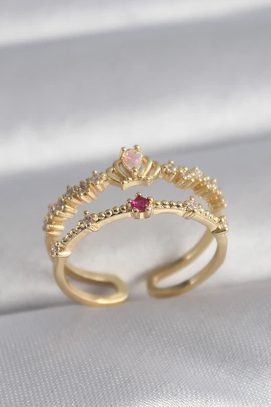 Pirinç Gold Renk Zirkon Taşlı Taç Model Kadın Yüzük ürün görseli 1