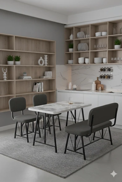 Elfin 70x110 Efes Sabit, 2 Sandalye 1 Bench, Masa Sandalye Takımı, Mutfak Masası Takımı - Antrasit ürün görseli 1
