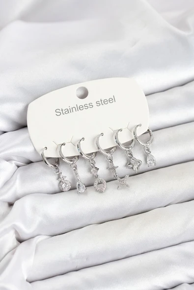 316L Çelik Gümüş Renk Zirkon Taşlı Yonca Model Kadın Küpe Seti TJ-BKP11875 ürün görseli 1