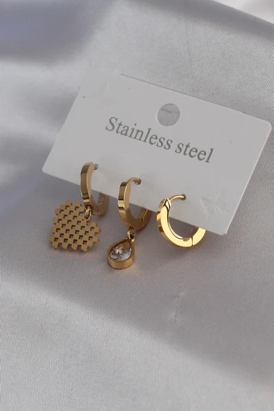 316L Çelik Gold Renk Kalp Model Zirkon Taş Detay Kadın Küpe Kombini ürün görseli 1