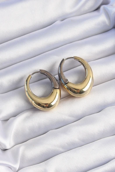 Pirinç Gold Gümüş Renkli Oval Bombeli Küpe ürün görseli 1