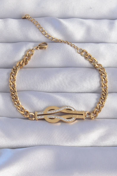 316L Çelik Gold Renk Zirkon Taşlı Kemer Tokası Model Zincir Bileklik ürün görseli 1