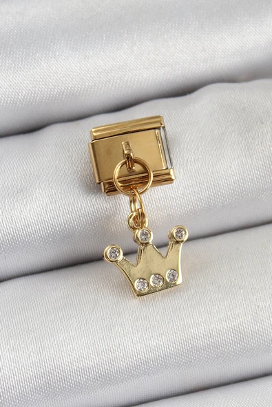 316L Çelik Sallantılı Zirkon Taşlı Kraliçe Tacı Model Gold Renk Nomination Charm ürün görseli 1
