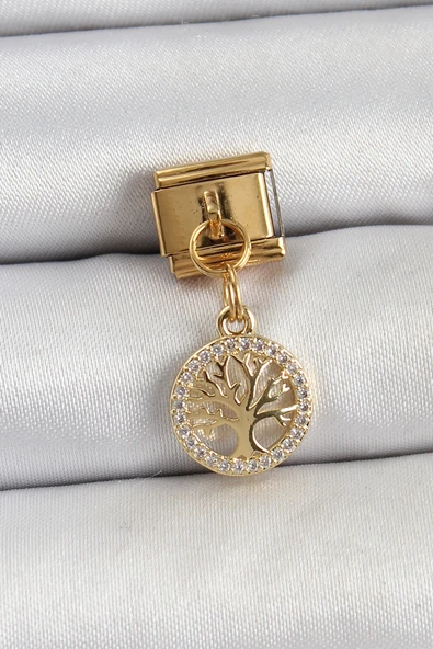316L Çelik Sallantılı Zirkon Taşlı Hayat Ağacı Model Gold Renk Nomination Charm ürün görseli 1