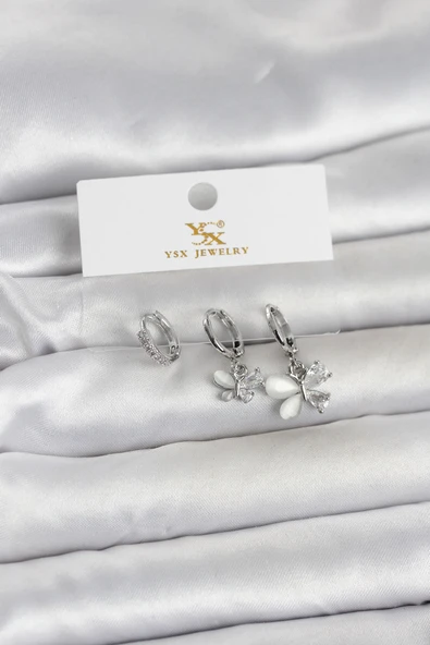 Pirinç Gümüş Renk Kelebek Model 3'lü Kadın Küpe ürün görseli 1