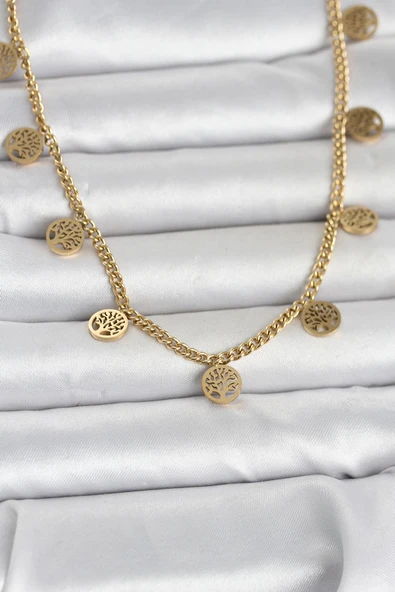 316L Çelik Gold Renk Yaşam Ağacı Model Kadın Kolye ürün görseli 1
