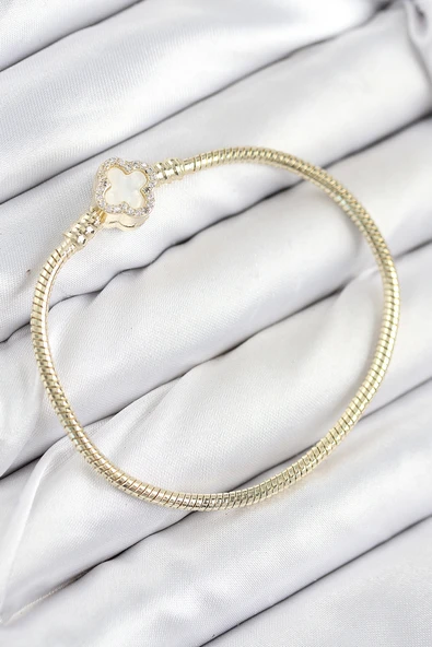 Pirinç Charm Zirkon Taşlı Yonca Model Gold Renk Kadın Bileklik ürün görseli 1