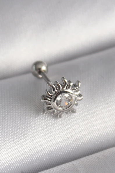 316L Çelik Gümüş Renk Zirkon Taşlı Güneş Tragus Piercing ürün görseli 1