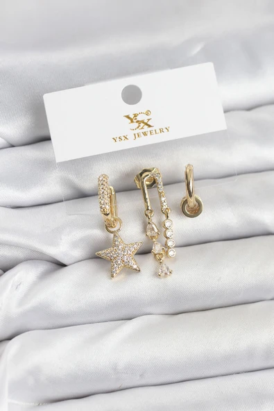 Pirinç Gold Renk Zirkon Taşlı Yıldız Vintage Model YSX Trio Küpe Seti ürün görseli 1